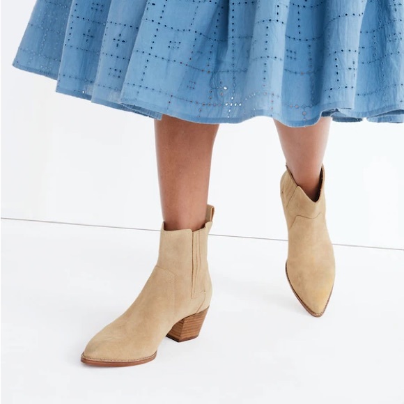 Madewell Shoes - MADEWELL Tan Suede Western Ankle Boots Sz8, Stacked Heel, Classic Khaki Booties